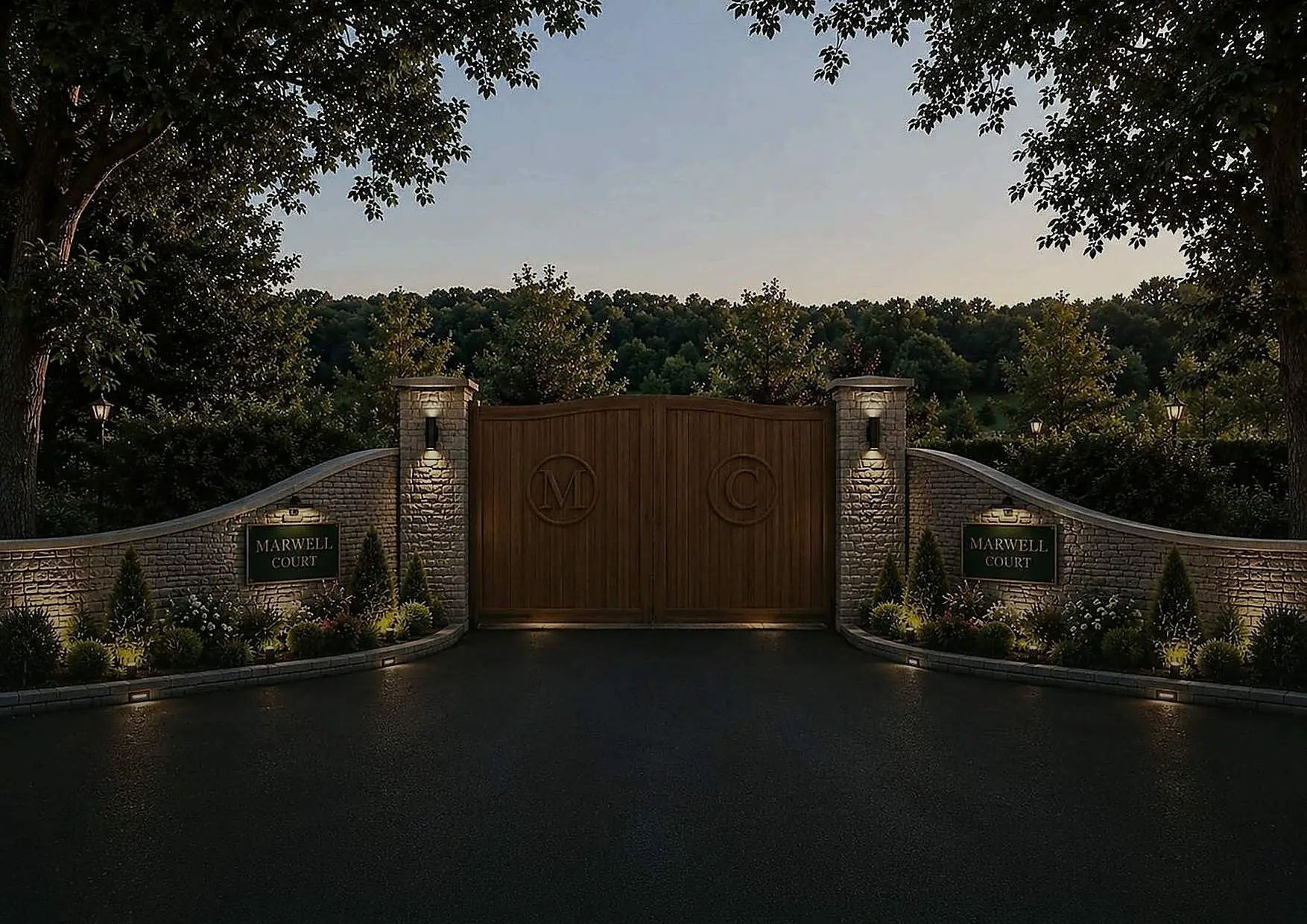The gated entrance to Marwell Court at dusk